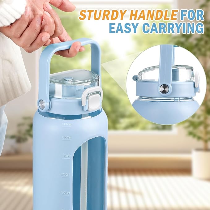 BLUEGO 64oz Glass Water Bottles with Straw Time Marker Half Gallon Large Motivational Water Bottle with Silicone Sleeve 2 Liter Large Glass Water Jug for Gym, Sports& Workout, Daily, Light Blue