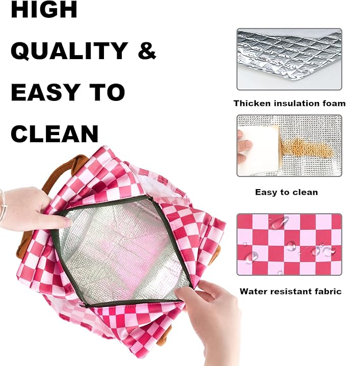 Joymee Lunch Bag Women Insulated Lunch Box Reusable Leakproof Large Spacious Cooler Tote for Women Men Adult with Bottle Holder and Side Pockets for Work Office Travel Picnic - Checker Pink
