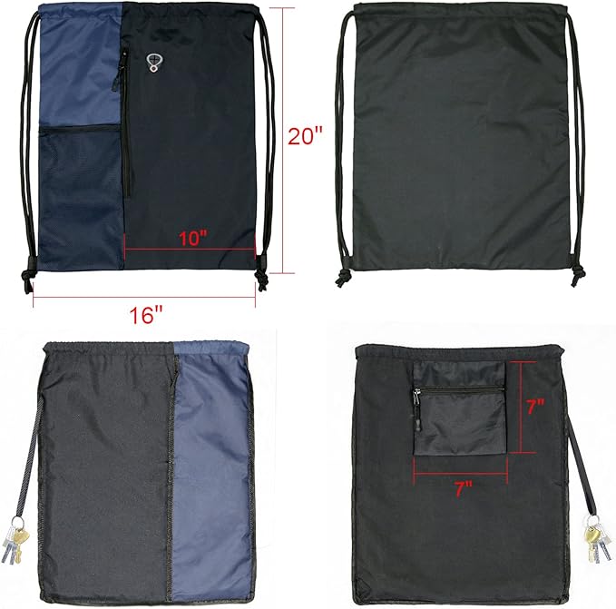 BeeGreen Drawstring Backpack Sports Gym Bag for Women Men Large Cinch Sackpack with 2 Zipper Pockets and Water Bottle Mesh Pockets Black Navy