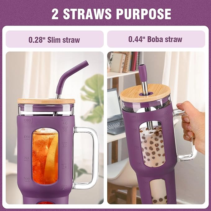 Glass Tumbler with Lid and Straw, 46 oz Iced Coffee Cup with Handle, Glass Water Bottles with Silicone Sleeve, BPA Free-Dark Purple