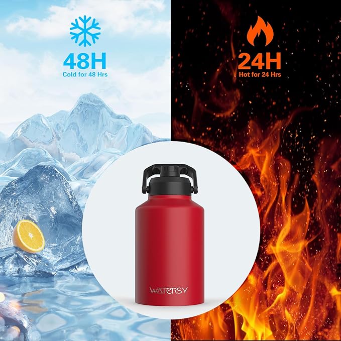 1 Gallon Water Bottle Insulated(Cold for 48 Hrs),BPA Free&Leak Proof,128oz Stainless Steel Water Jug,Big thermo,Large Water Bottle with Handle for Gym,Hiking,Camping&Travel,Red
