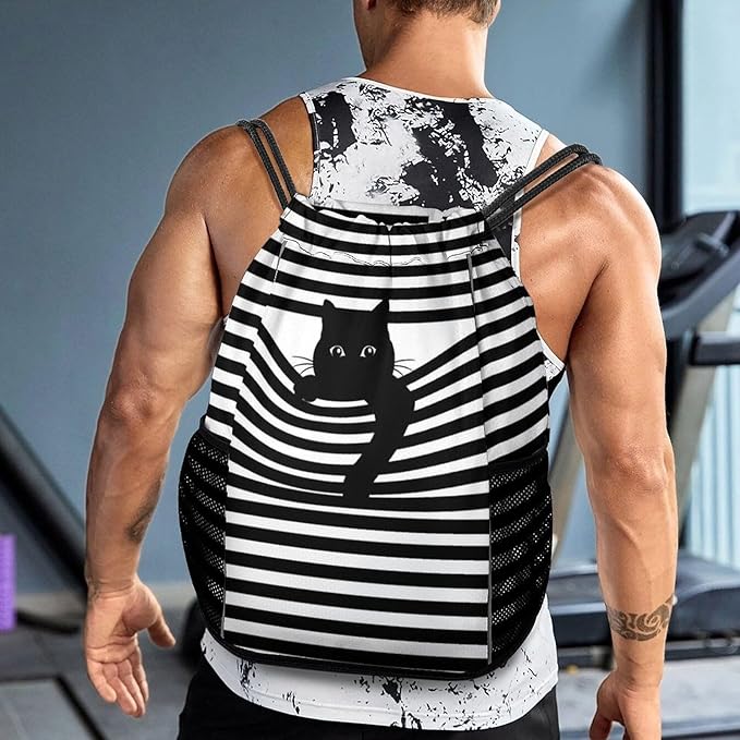 Cat Drawstring Backpack Gym Bag With Shoe Compartment String Bag Sport Beach Swimming Sackpack For Women Men