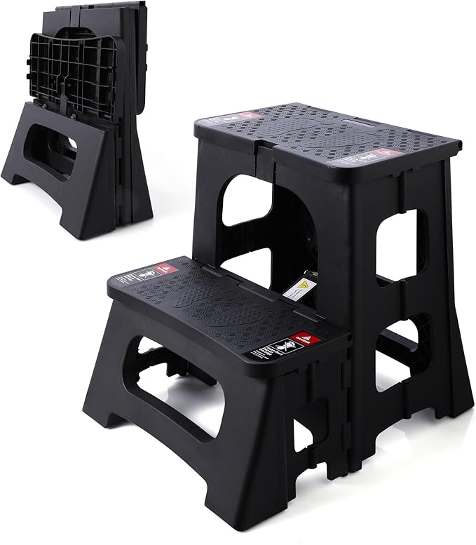Folding 2-Step Stool - Upgraded Stable A-Frame, Safety Lock, Anti-Slip Rubber Feet, 300lb Capacity, No Assembly - 8" 17" Step Stools for Kitchen, Bathroom, Bed, RV, Home, Office (Black)