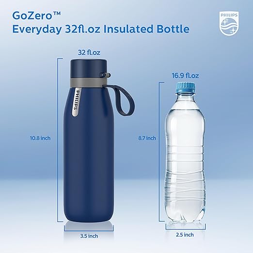 PHILIPS Water Bottle with Filter, Filter Water Bottle Stainless Steel with GoZero Everyday BPA-Free Tap Water Filter, Water Filter Bottle Keep Drink Cold 24 Hours, 1 Filter for 40 gal / 2 Months