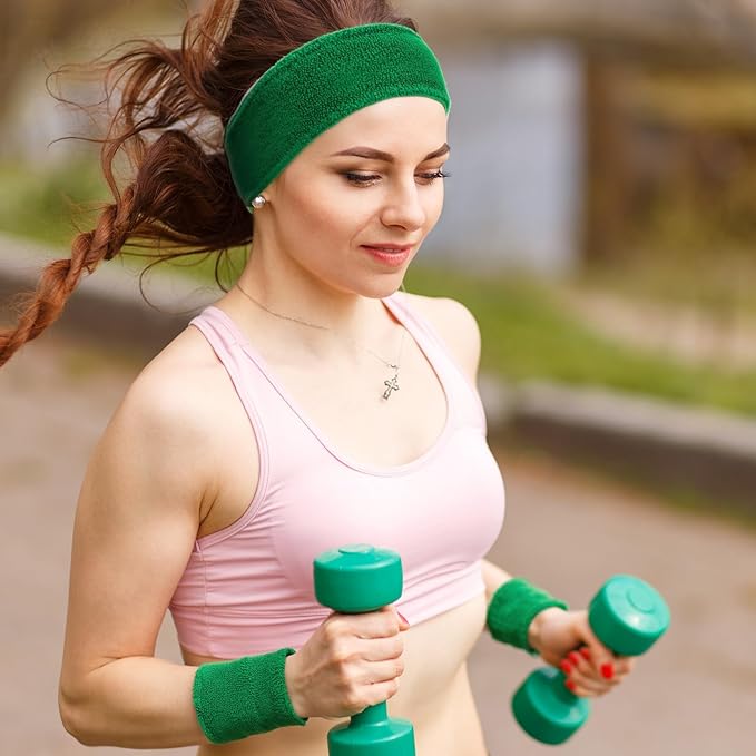 24 Pieces 80s Neon Sweatbands Set, Include 8 Sports Headbands and 16 Sweat Wristbands Elastic Athletic Tennis Sweat Bands Bulk for Man Woman