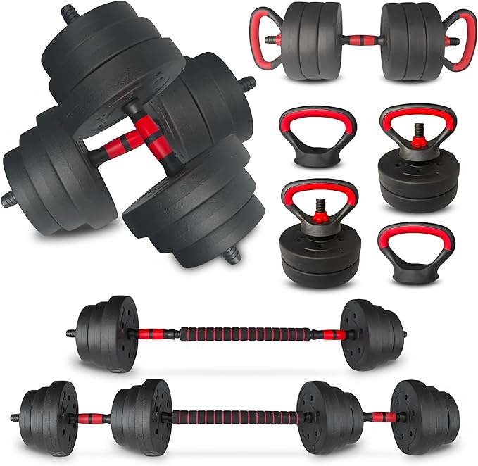 Adjustable Dumbbell Set 25/45/75/90LB, Changeable Dumbbell Set with Connecting Rod 4 in1 Dumbbells Set Used as Barbell, Kettlebells, Push up Bar, Fitness Exercises for Home Gym Suitable Women