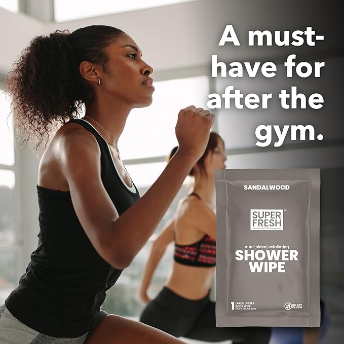 Super Fresh Shower Wipes Large Sandalwood Body Wipes for No Rinse Bathing Personal Hygiene Gym Travel or Camping Enriched with Aloe and Vitamin E 10 Individually Wrapped Disposable Sheets