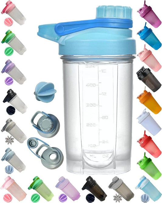 A Stylish Blue Shaker Bottle w. Clear Cup BPA Free,Made of PP5,Measurement Marks of 16 OZ/500 ML & 1.57" Plastic Whisk Ball,Anti-Leaking Twist Cap Fixed w. Slim Arm & Large Moden Loop,Easy to Clean