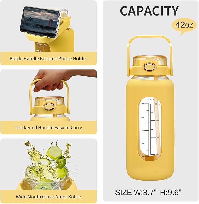 42oz/52oz/64oz Glass Water Bolttles with Straw Half Gallon Large Motivational Water Bottle with Time Marker Sports Water Bottles with Silicone Sleeve and Handle Lid Water Jug for Gym Workout