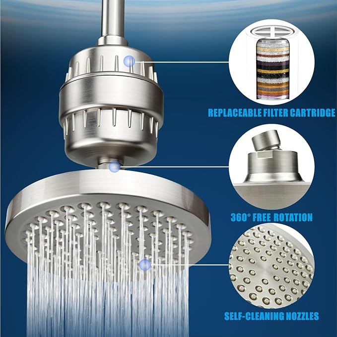 Filtered Shower Head, High Pressure Rain Shower Head Filter Set for Hard Water Removes Chlorine and Harmful Substances (Brushed Nickel)