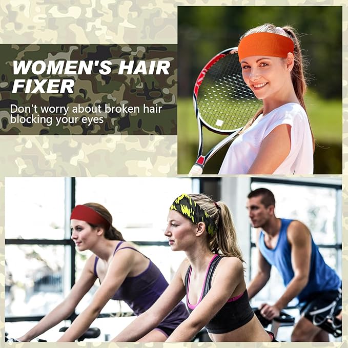 18 Pcs Sports Sweatbands for Men Women Camo Headbands Workout Non Slip Headbands Breathable Head Band Fitness Stretchy Unisex Hairband for Yoga Running Cycling Ball