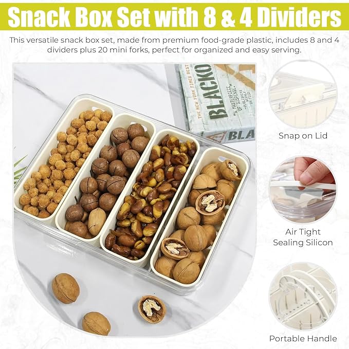 Divided Serving Tray with Lid & Handle| Multi-Purposed Snackle Box Bundle 8ct & 4ct Dividers 20pc Mini Forks| Snackle Box Container for Fruits Nuts Candy Charcuterie Platters Road Trips Picnics