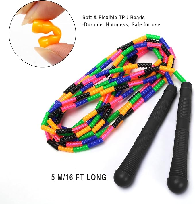 Coolrunner 16 FT Long Jump Rope(2 PACK), Double Dutch Jump Ropes, Soft Beaded Skipping for Kids Adults, Plastic Segmented Long Enough for 4-5 Jumpers