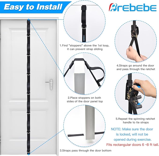 Brebebe Upgrade Door Anchor for Resistance Bands Exercise, Multi Points Anchor With 7 Loops + 7 D Rings, Home Gym Workout Equipment With Ratchet Adjust Tighten Strap, Not Loose, Sturdy