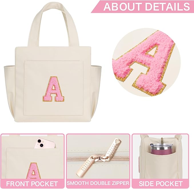 Joymee Leather Lunch Box Lunch Bag for Women Adult Insulated Reusable Leakproof Large Spacious Lunch Cooler Lunch Tote Bag with Bottle Holder and Side Pockets for Work Picnic Beach (Letter A)