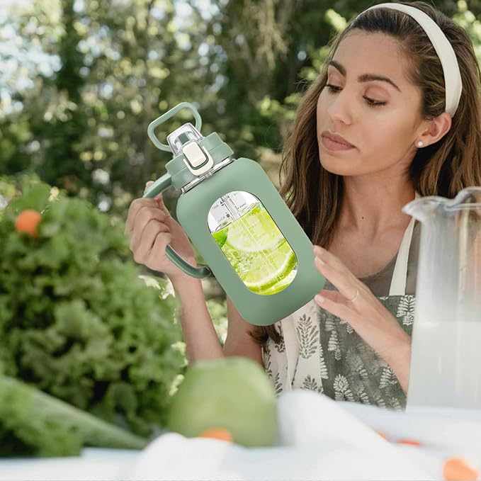 64 oz Glass Water Bottle with Straw and Handle Half Gallon Water Jug with Silicone Sleeve Large Water Bottle for Office, Gym, Outdoor Sports