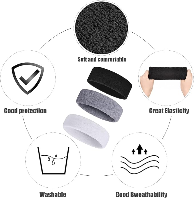 Bememo 12 Pcs Sweatbands Sport Headbands for Men & Women Basketball Headband Sport Competitions Sweat Headbands Running Terry Cloth Moisture Wicking for Yoga,Tennis,Gym,Exercise