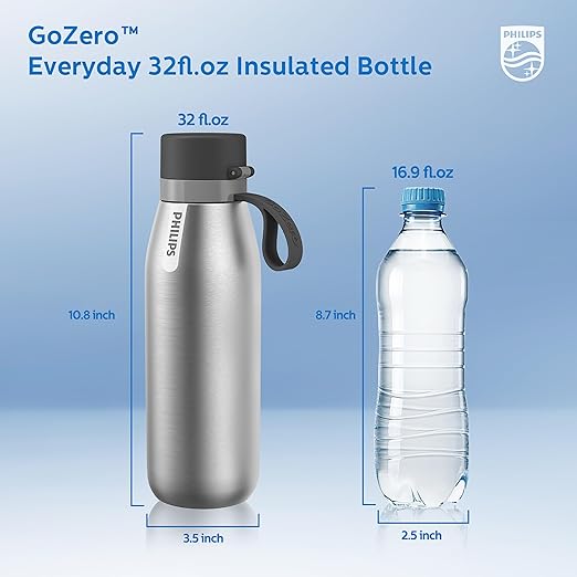 PHILIPS Water Bottle with Filter, Filter Water Bottle Stainless Steel with GoZero Everyday BPA-Free Tap Water Filter, Water Filter Bottle Keep Drink Cold 24 Hours, 1 Filter for 40 gal / 2 Months