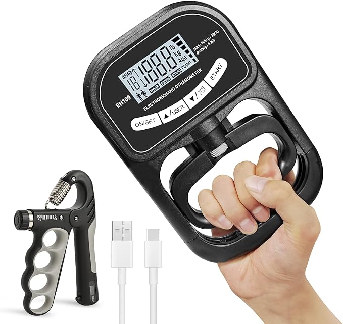 Grip Strength Tester 396 lbs/180 kg with Backlit LCD Display, Digital Hand Grip Dynamometer Records Up to 19 Users, Adjustable Grip Strength Trainer 11–220 lbs for Sports, Rehab, Home & School Use
