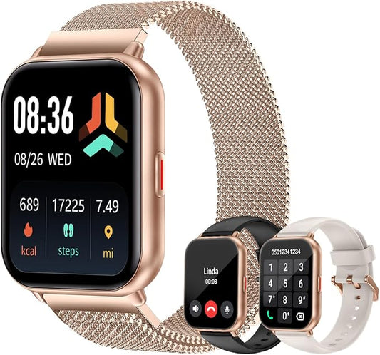 Smart Watches for Women Men (Answer/Make Calls, 3 Bands), 1.85" Fitness Tracker Watch for iPhone/Android Phones with Heart Rate Monitor Sleep/Steps Tracker 100+ Sports Pedometer Waterproof Gold