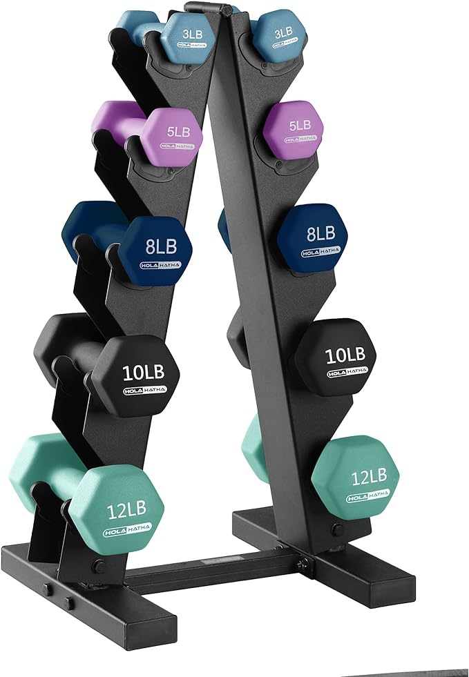 HolaHatha 2, 3, 5, 8, and 10 Pound Neoprene Dumbbell Free Hand Weight Set with Rack, Ideal for Home Exercises to Gain Tone and Definition, Pastel