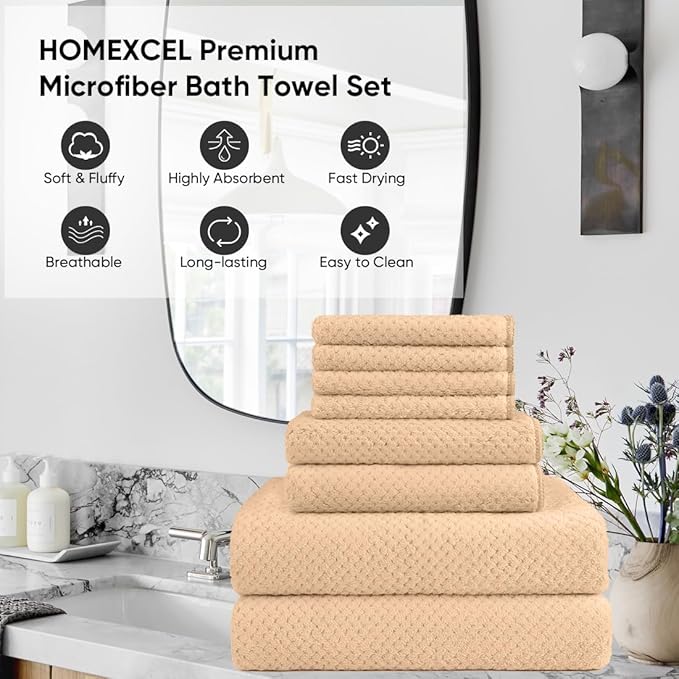 HOMEXCEL 8 Piece Bath Towel Set, Microfiber Bathroom Towel - 2 Bath Towels, 2 Hand Towels, and 4 Wash Cloths, Super Soft, Highly Absorbent Towels for Bathroom, Gym, Hotel, and Spa (Brown)