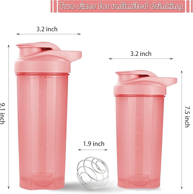 ShakerZoo-6 Pack-Protein Shaker Bottles for Protein Mixes, Shaker Cups for Protein Shakes, 3 pcs 24 ounce and 3 pcs 20 ounce (Pink)