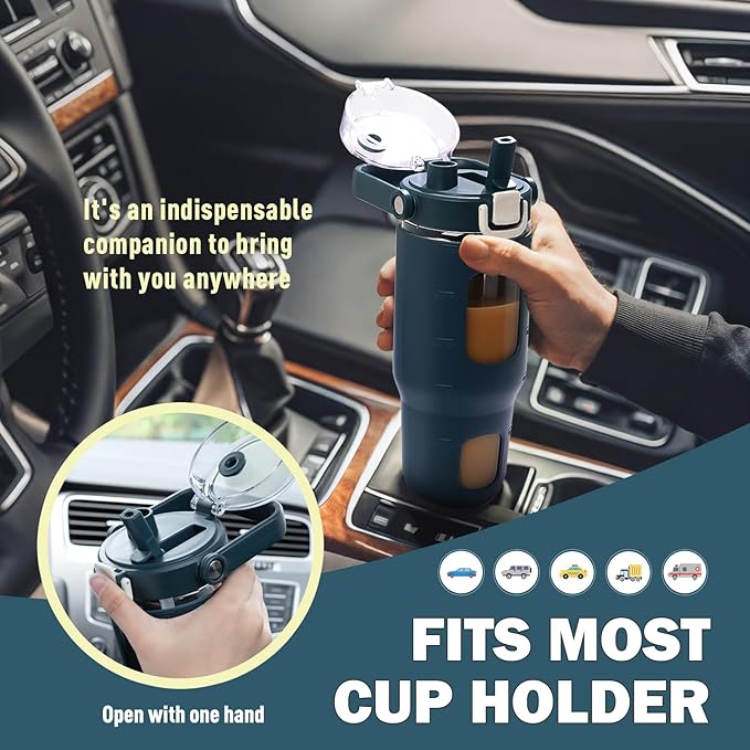 BLUEGO 32oz Glass Water Bottles with Straw Time Marker Half Gallon Large Motivational Water Bottle with Silicone Sleeve 2 Liter Large Glass Water Jug for Gym, Sports& Workout, Daily, Dark Blue