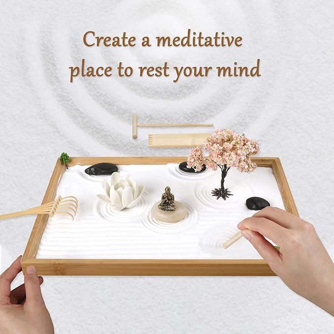 Zen Garden for Desk 11x7.5in, Handmade Sand Art with Tray, Japanese Gift Set, Mini Zen Garden with Bonsai Tree, Home Office Room Decorations, Therapy Kit, Stress Relief Gift