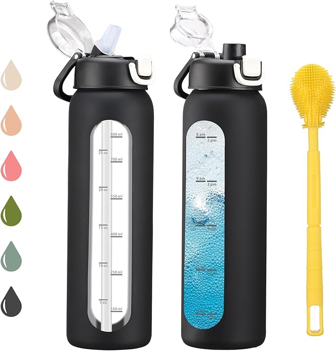 32 oz Glass Water Bottles with 2 Lids-Handle Spout Lid & Straw Lid, 1 Liter Motivational Borosilicate Water Bottle with Time Marker and Silicone Sleeve,Leakproof-Black-1 Pack