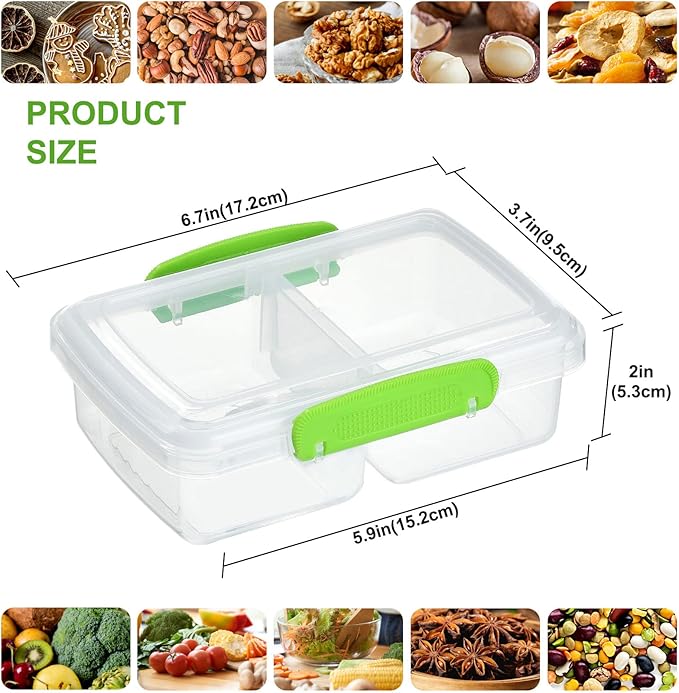 4 Pack Plastic Snack Containers with Lids, 2 Compartment Food Container for Kids Snack Box, Travel Bento Lunch Containers with forks for Fruits/Candies, Divided Food Storage Containers for School