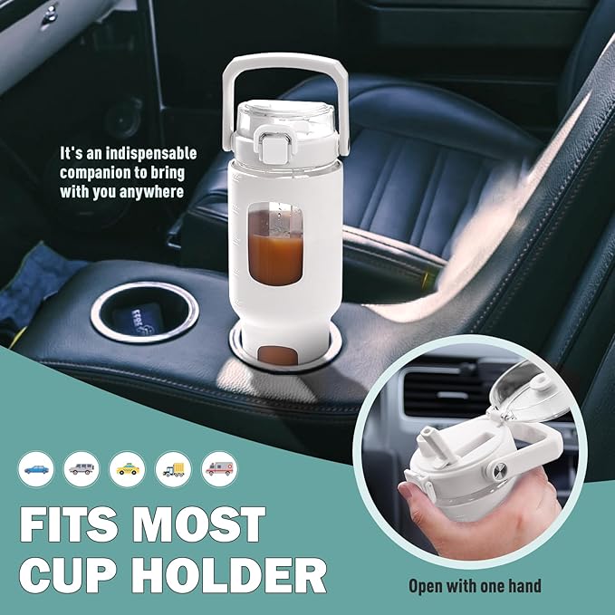 BLUEGO 32oz Glass Tumbler with Lid and Handle, Iced Coffee Cup with Straws, Glass Water Bottle with Silicone Sleeve and Volume, Marker Glass Cup with Time Marking, BPA Free, White