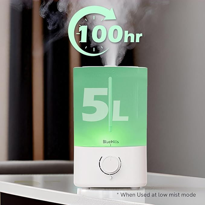 BlueHills Premium 5000 ML XL Essential Oil Diffuser Humidifier Large Room Huge Coverage Area 5 Liter Big Capacity High Mist Output 100 Hours Long Run Time Aroma Diffuser White G501