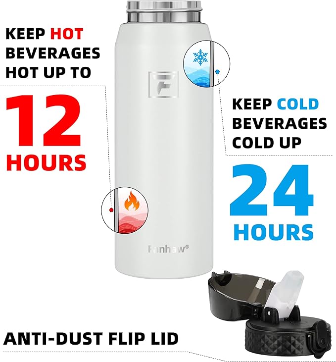 Fanhaw 24 Oz Stainless Steel Insulated Sports Water Bottles with Straw for Kids, Men and Women (White)