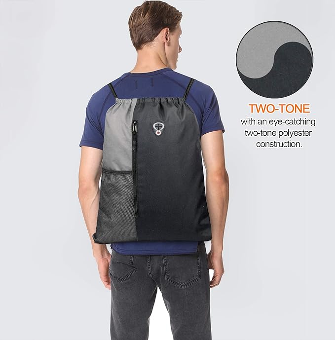 BeeGreem Grey Sport Bag Drawstring Backpack String Bag For Men Women Gym Backpack With Water Bottle Mesh Pockets And Two Zipper Pockets 16" x 20"