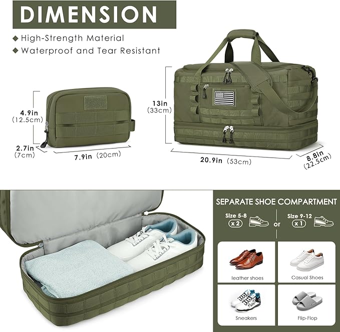 ETRONIK Travel Bag for Men Women, Gym Bag & Tactical Duffle Bags for Travel, Carry on with Toiletry Bag and Shoe Compartment, Weekender Overnight Trip with Wet Pocket for Workout Medical, Green