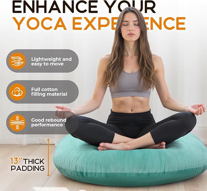 32" Round Floor Pillow with 13" Thick Padding, Velvet Meditation Cushion for Yoga & Lounge Seating, Large Ottoman Replacement Floor Mat for Adults, Decorative Accent Pillow (Lake Blue)