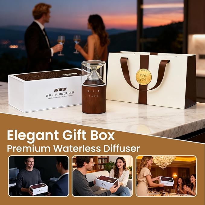 Waterless Essential Oil Nebulizing Portable Wireless Diffuser, Premium Glass and Solid Wood Aroma Diffuser for Home Office Bedroom Car, Elegant Gift Packaging with Essential Oil 10ml (Lemon)