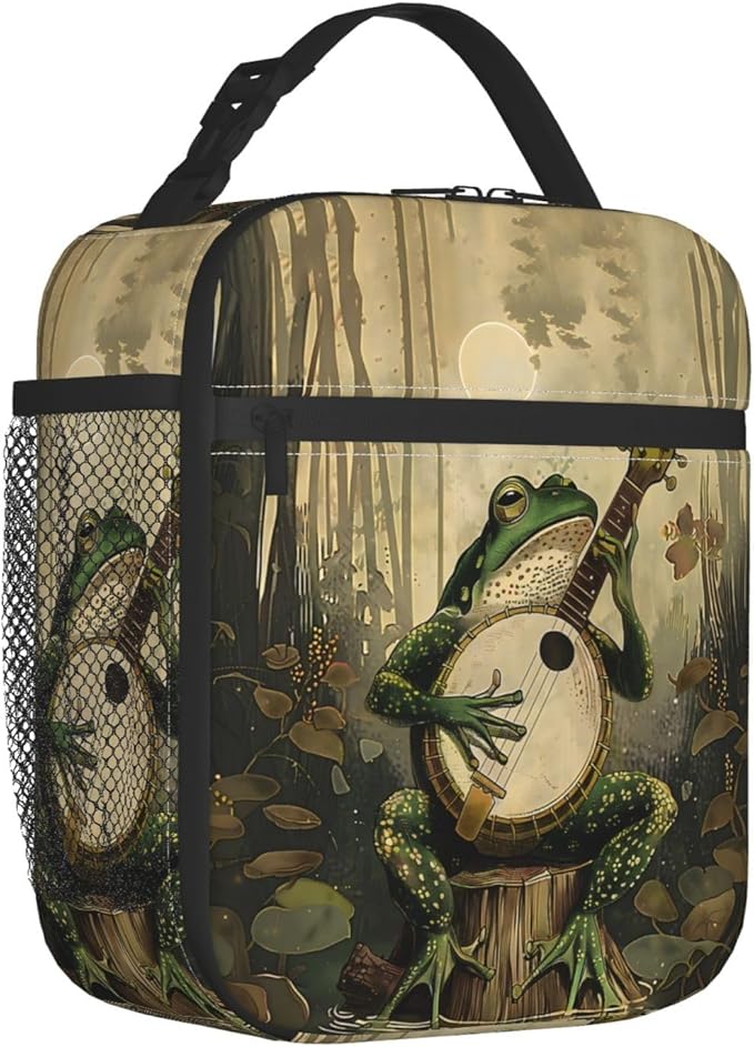 Frog Polyester Lunch Box for Kids Teen,Forest Banjo Reusable Thermal Lunch Bag for Adult Women,Animal Insulated Tote Cooler Bags for School,Work,Picnic,Travel,Enchanting Woodland Theme