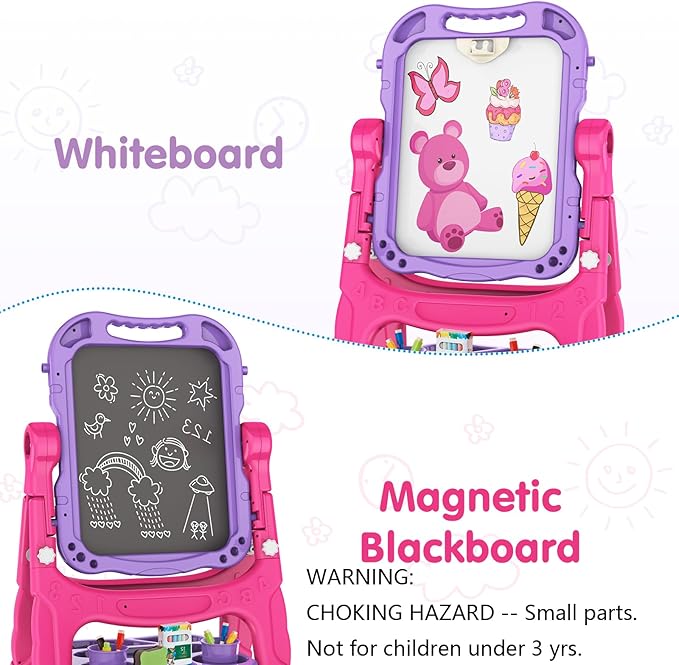 Amagoing Easel for Kids, Adjustable Standing Art Easel for Toddler, Double Side Drawing Board with Painting Accessories, Birthday Christmas Gift Toy for Boys Girls 3 4 5 6 Years Old, Purple