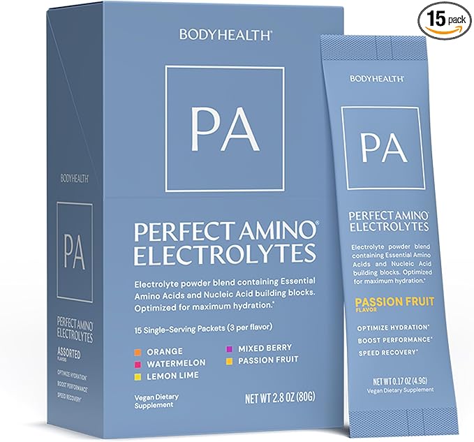 BodyHealth PerfectAmino Electrolyte Drink Mix – Variety Pack– No Sugar, Keto & Fasting Friendly, Hydration with Trace Minerals – Stick Packs