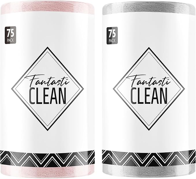 Fantasticlean Microfiber Cleaning Cloth Roll -150 Pack, Tear Away Microfiber Towels, 12" x 12", Reusable, Washable, Ultra Absorbent Dishcloth for Home Supplies, Car, Pet, Kitchen (Pink & Grey)