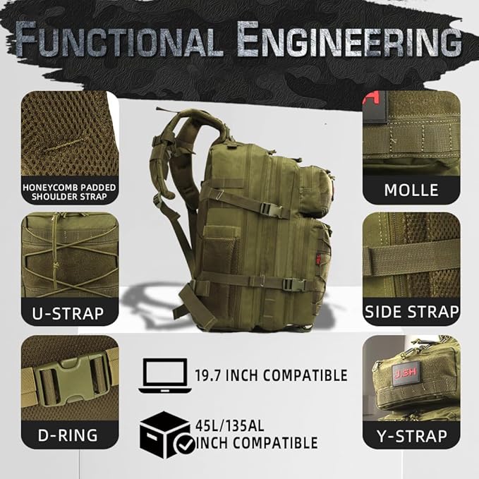 J.SH 45L Large Capacity 3-Day Tactical Backpack, Waterproof & Tear-Resistant, MOLLE System, Adjustable Straps (chest strap and waist strap), Hiking Backpack for Men & Women - Green