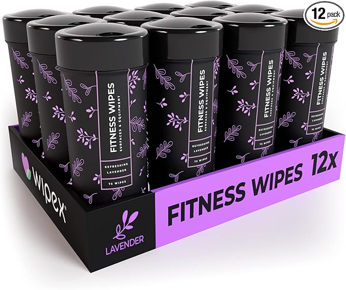 Wipex Yoga Mat Cleaner & Fitness Gym Wipes - Natural Lavender & Vinegar - 75 Count for Cleaning Yoga Mats, Spinning & Peloton Bikes, Weight Machines & Surfaces - 12 Pack Case