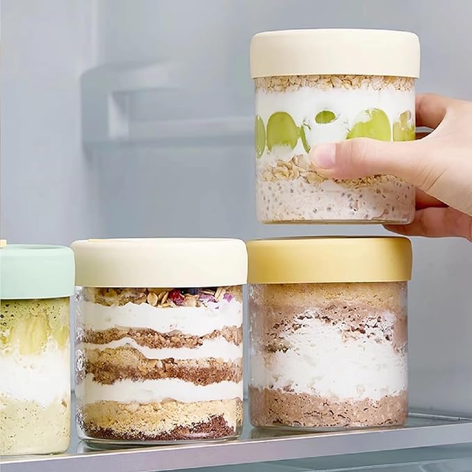 13.5oz Overnight Oats Containers with Lids, Glass Jar with Lid, Overnight Oats Jars, Meal Prep Jars for Yogurt Oats Parfait Chia Pudding Cereal Snacks (4PCS)