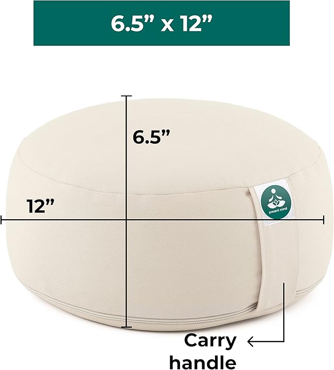 (Height 6.5") Round Zafu Yoga Bolster for Gymnastics & Meditation Made in the EU - Light Beige 100% Natural Cotton Yoga Meditation Buckwheat Meditation Cushion with Washable Covers