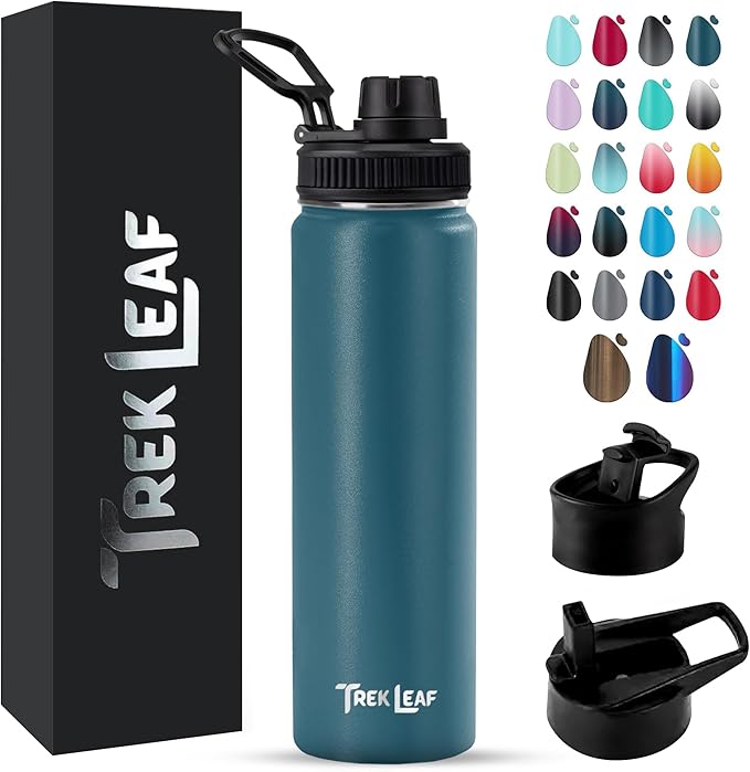 Travel Water Bottle with 3 Lids (Spout, Straw, Flip) Leak Proof, Quality, Vacuum Insulated, Stainless Steel (Cascade Teal, 22 oz)