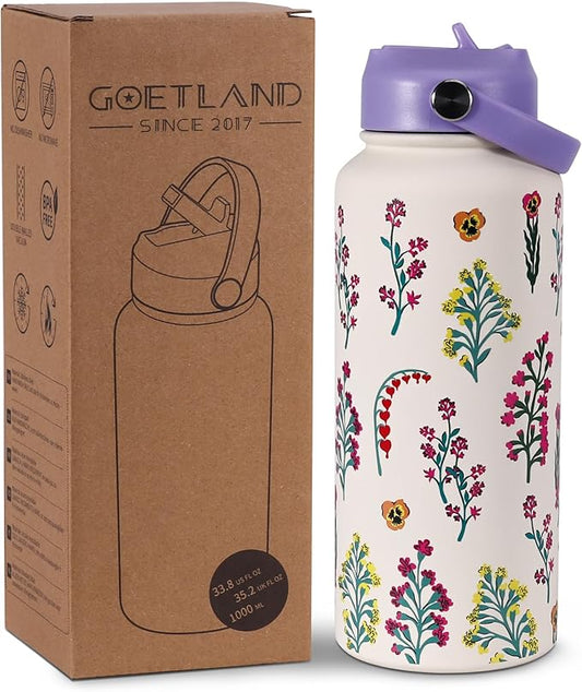Goetland Flowers Water Bottle Beverage Bottle with Straw Lid 32 oz Stainless Steel Wide Mouth Vacuum Insulated Cute UV Printing Leak Proof For Women Girls Kids Purple