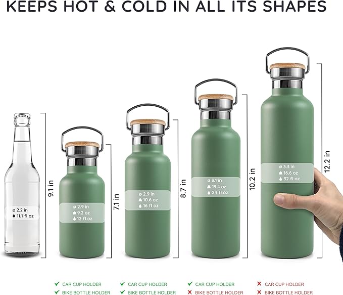 Bambaw 32oz Insulated Water Bottle, Green Stainless Steel Water Bottle, Large Water Bottle Stainless Steel, Hiking Water Bottle, Metal Water Bottle, 32 oz Water Bottle – Sage Green