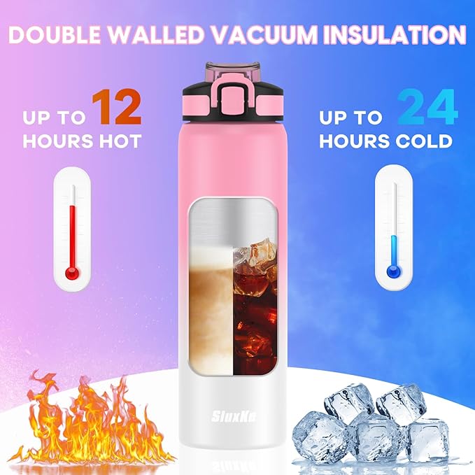18/8 Stainless Steel Water Bottle with Straw, 24oz Insulated Vacuum Drinking Bottle BPA Free, Perfect for Hot or Cold Drinks, 24oz LeakProof Insulated Water Bottle, for Camping, Gym, Work